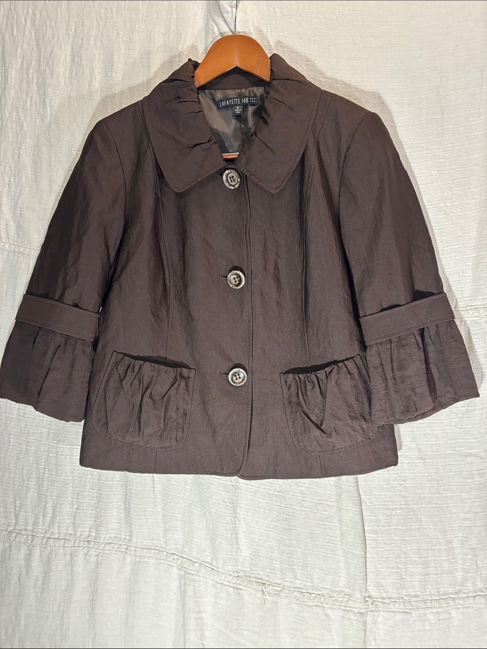 Lafayette 148 New York Dark Brown Ruffle-Sleeve Cropped Jacket